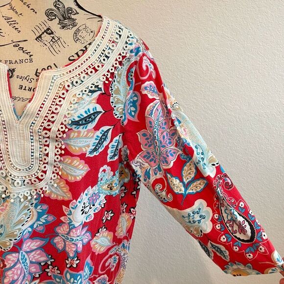 Tablots Womens Blouse Plus 2x Red Floral Paisley Peasant Bohemian Vneck Crochet - Picture 4 of 10
